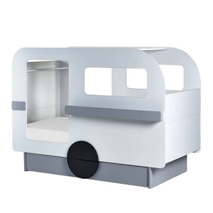 Children's bunk bed with white and gray design on a white background