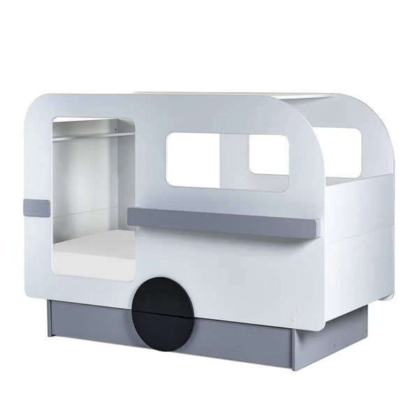 Children's bunk bed with white and gray design on a white background