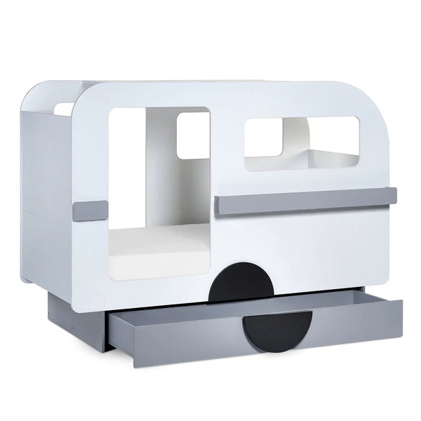 White and gray pet playpen with a black circular mat on a white background