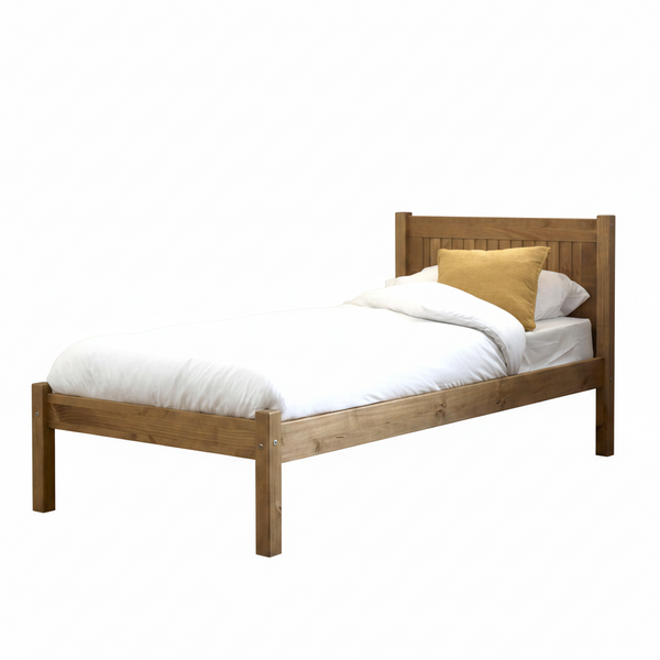 Wooden bed with white bedding and a yellow pillow on a white background