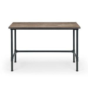 Table with wooden top and black metal legs on a white background
