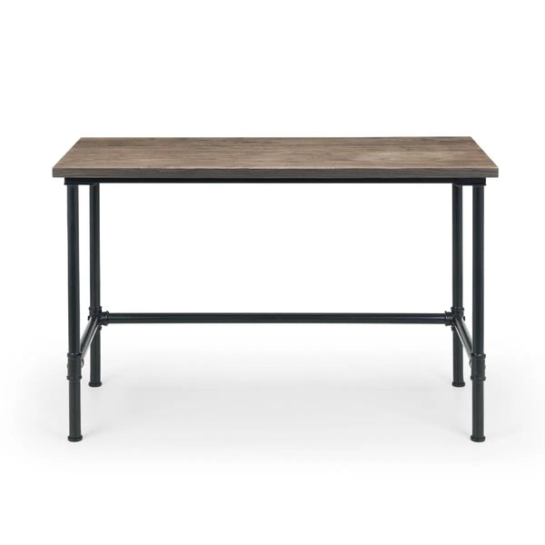 Table with wooden top and black metal legs on a white background
