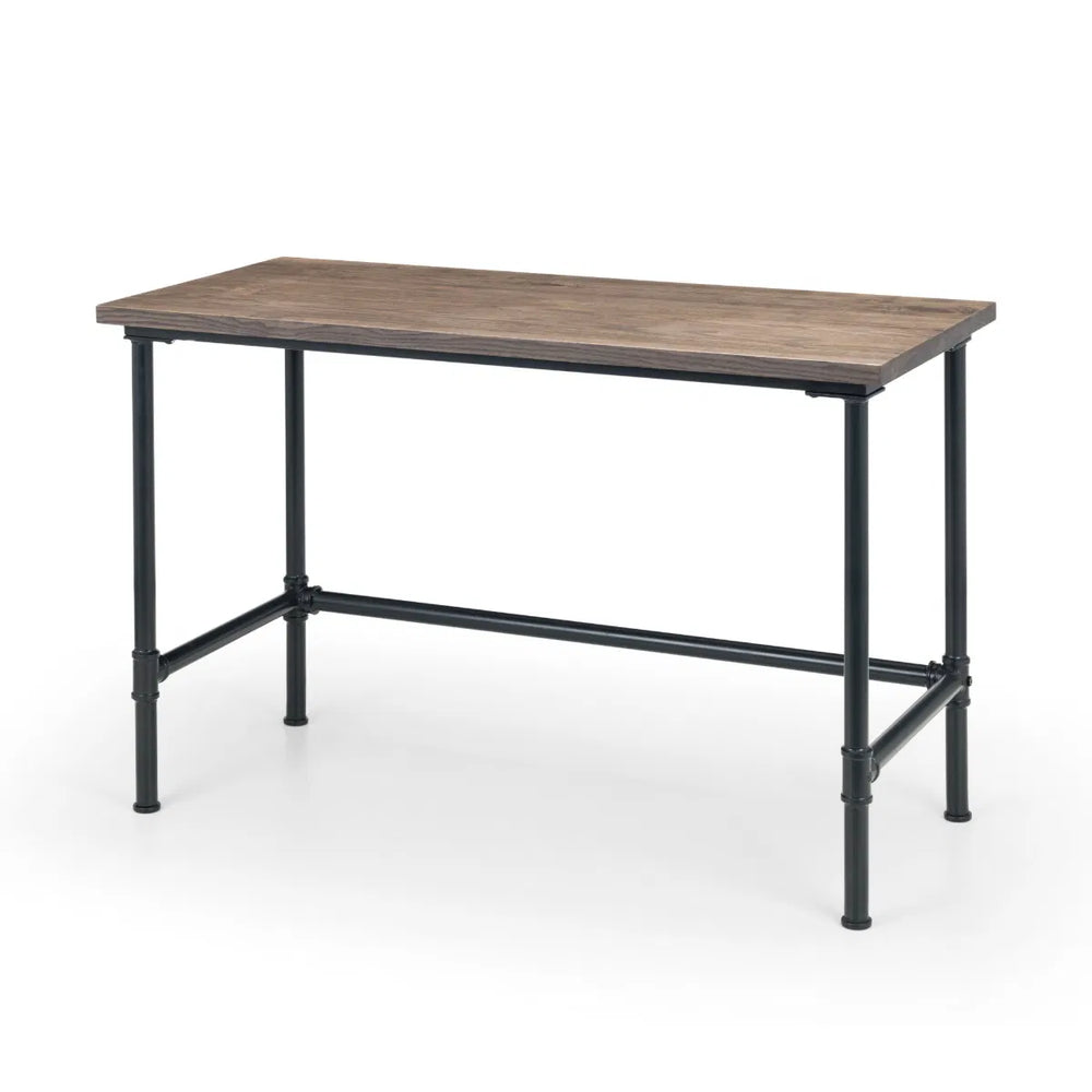 Wooden table with metal legs on a white background