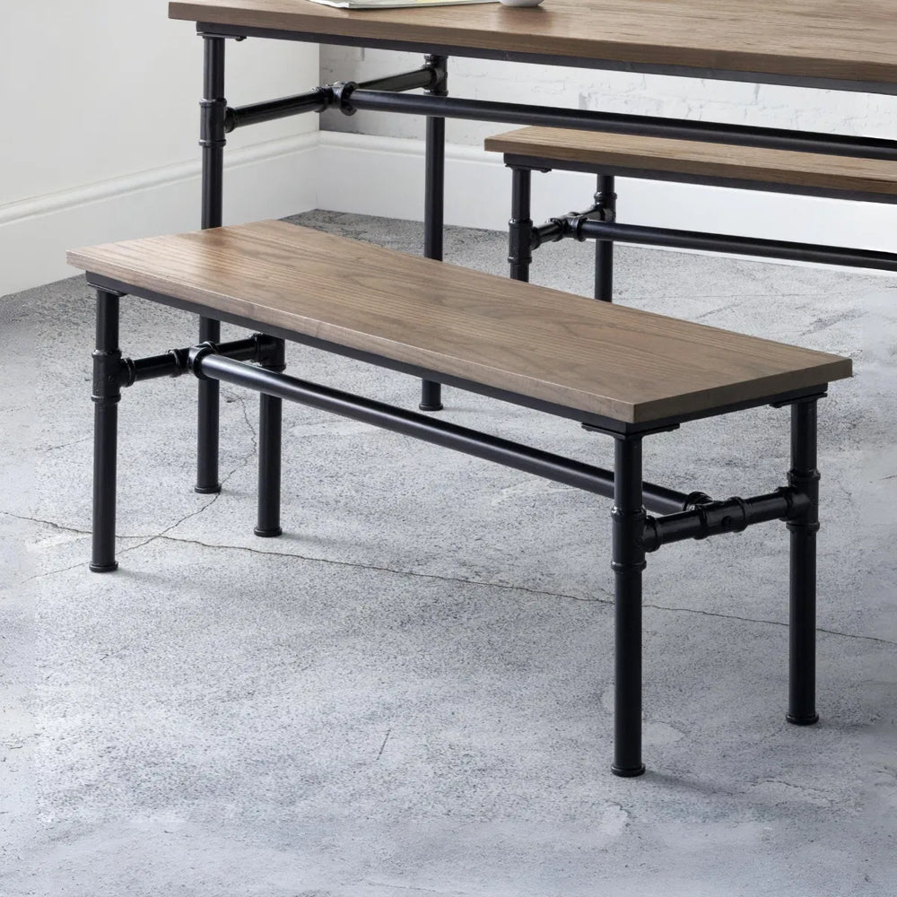 Wooden table with metal frame on a white background