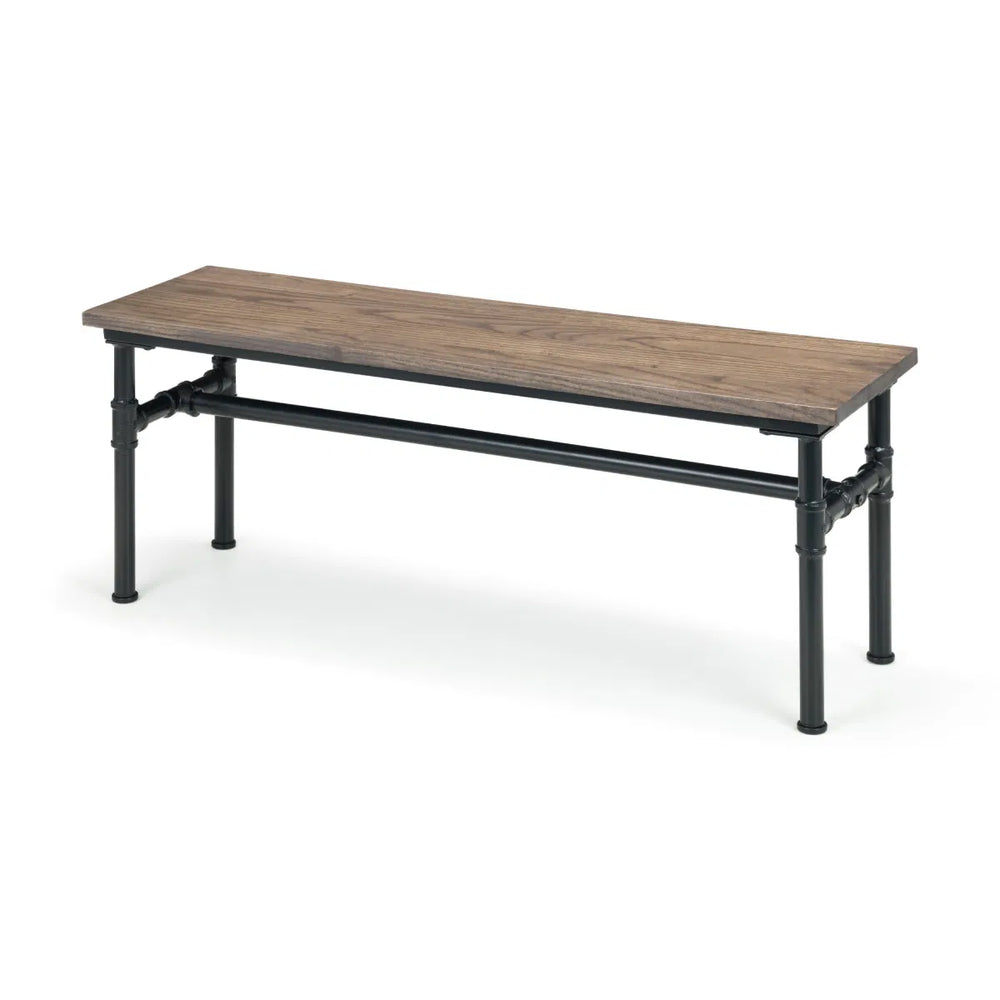 Wooden table with metal frame on a white background