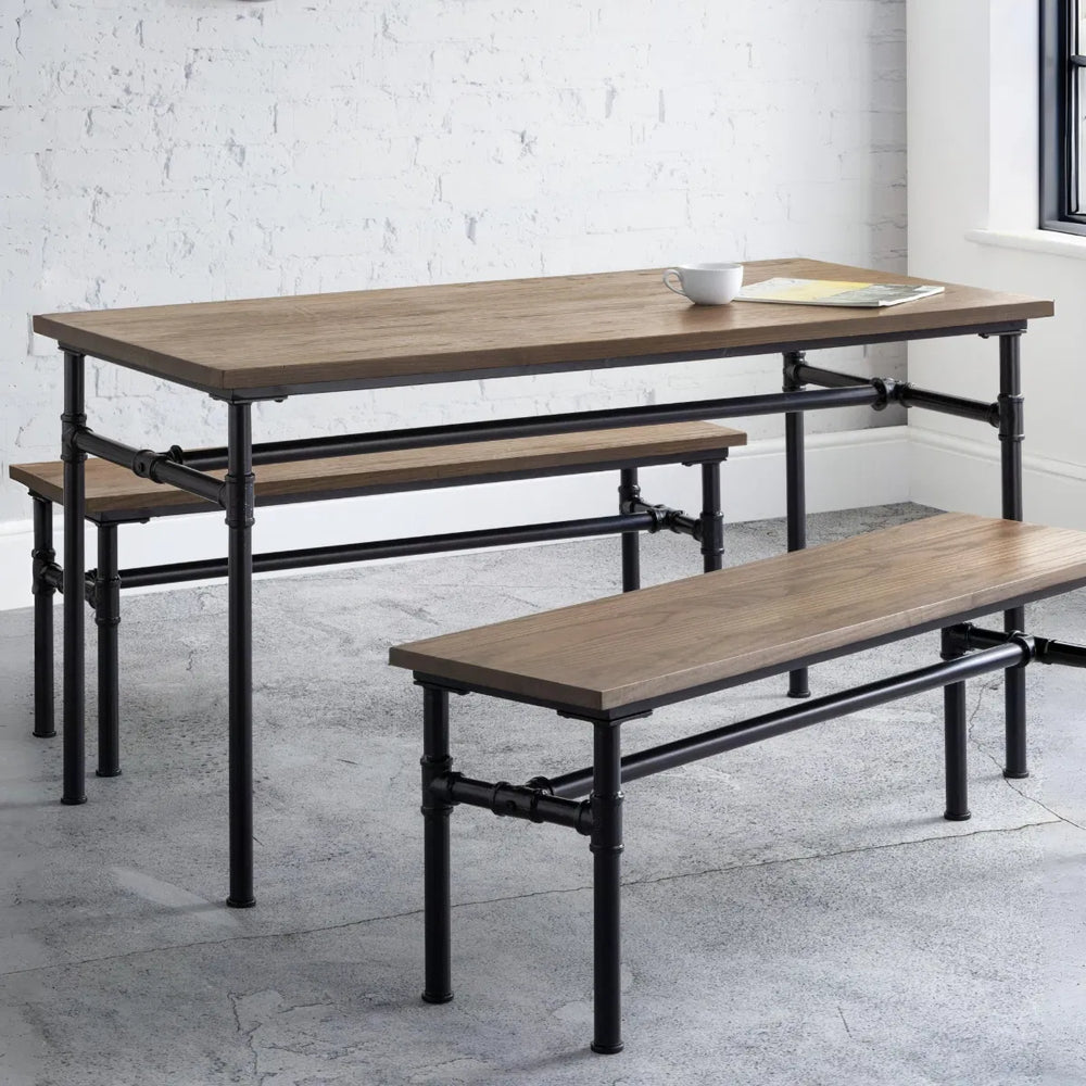 Rectangular table with wooden top and metal frame on a white background