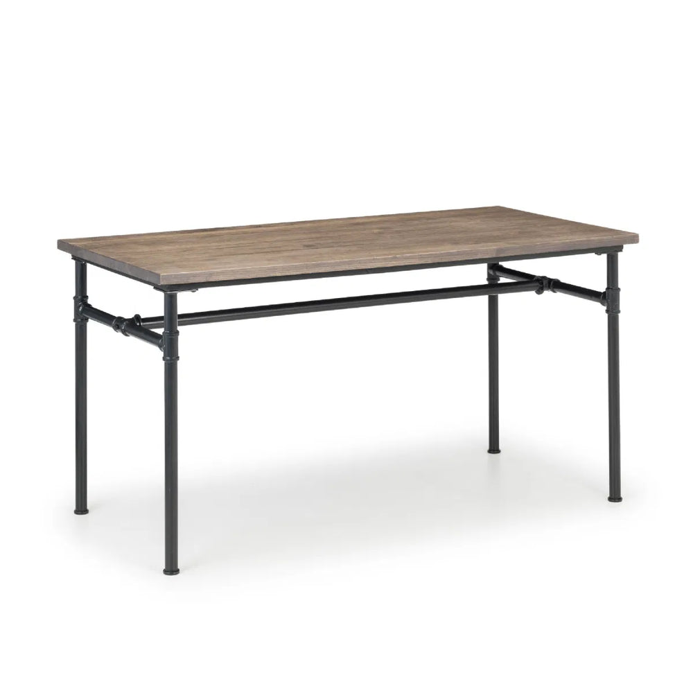 Rectangular table with wooden top and metal frame on a white background