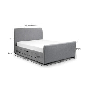 Gray upholstered bed with dimensions labeled on a white background
