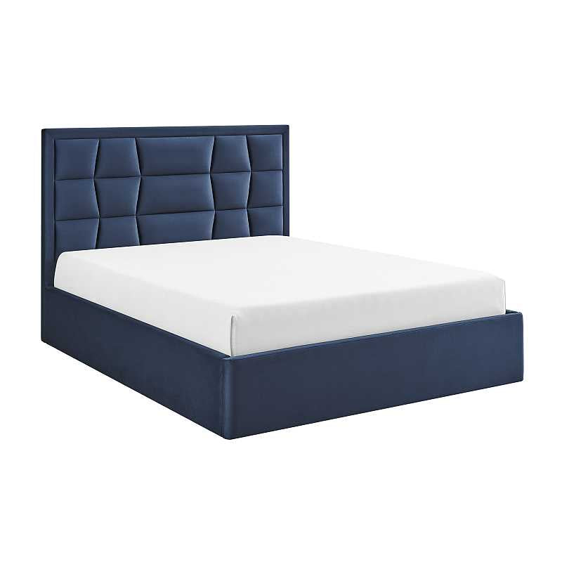 Navy blue bed frame with white mattress on a white background