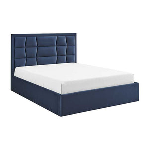 Navy blue bed frame with white mattress on a white background