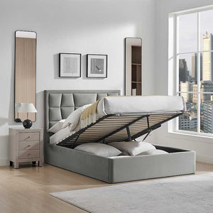 Gray upholstered bed with storage drawers in a modern bedroom setting.