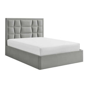 Gray upholstered bed with tufted headboard on a white background