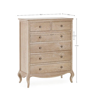 Wooden dresser with dimensions labeled on a white background