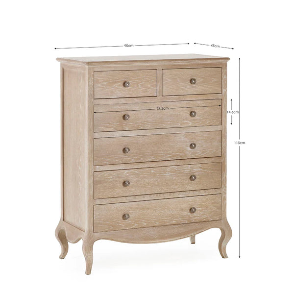 Wooden dresser with dimensions labeled on a white background