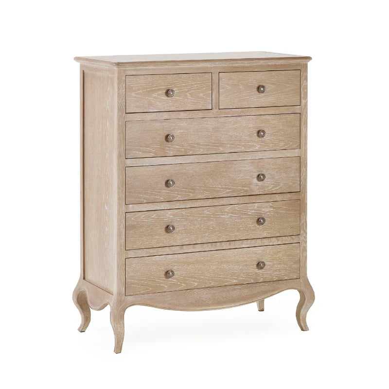Wooden dresser with multiple drawers on a white background