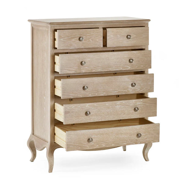 Wooden dresser with multiple drawers on a white background
