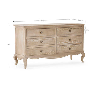 Wooden dresser with dimensions labeled on a white background