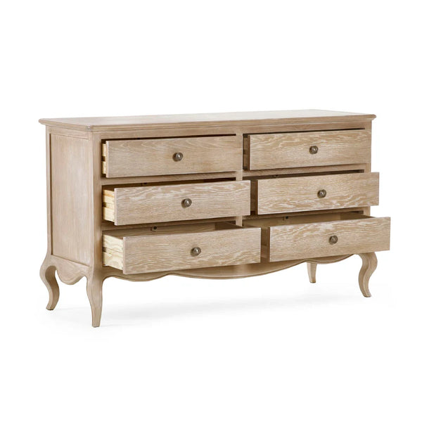 Wooden dresser with multiple drawers on a white background
