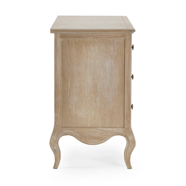 Wooden side table with a light finish on a white background