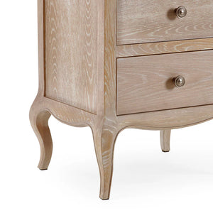 Wooden dresser with curved legs and two drawers on a white background