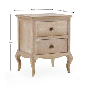Wooden nightstand with two drawers and dimensions labeled on a white background