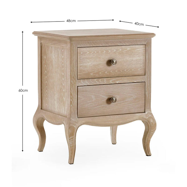 Wooden nightstand with two drawers and dimensions labeled on a white background