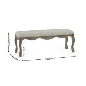 Gray upholstered bench with dimensions on a white background