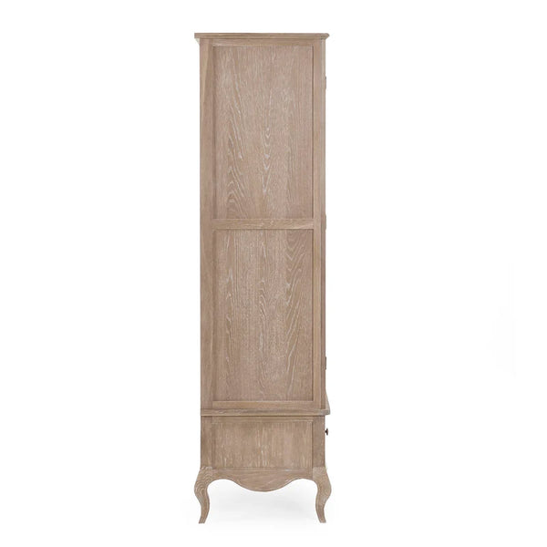 Tall wooden cabinet with a textured finish on a white background