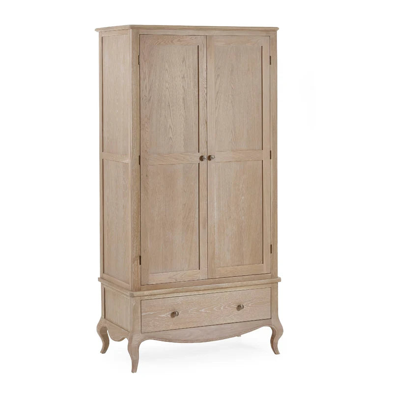 Wooden wardrobe with two doors and a drawer on a white background