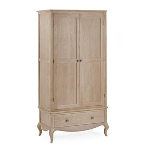 Wooden wardrobe with two doors and a drawer on a white background