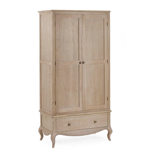 Wooden wardrobe with two doors and a drawer on a white background
