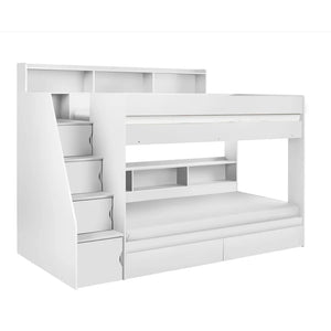 White bunk bed with storage drawers on a white background