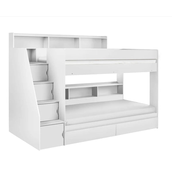 White bunk bed with storage drawers on a white background