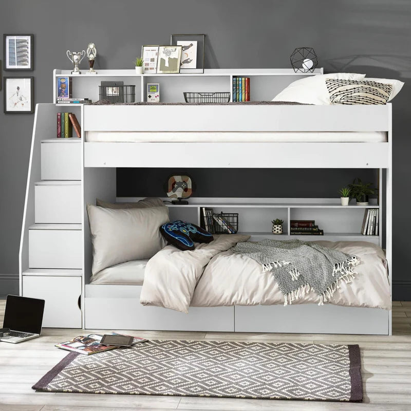 White bunk bed with storage drawers on a white background