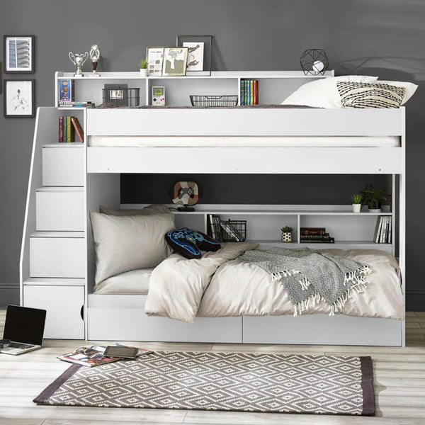 White bunk bed with storage shelves in a room setting.
