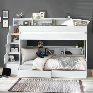 White bunk bed with storage shelves in a room setting.
