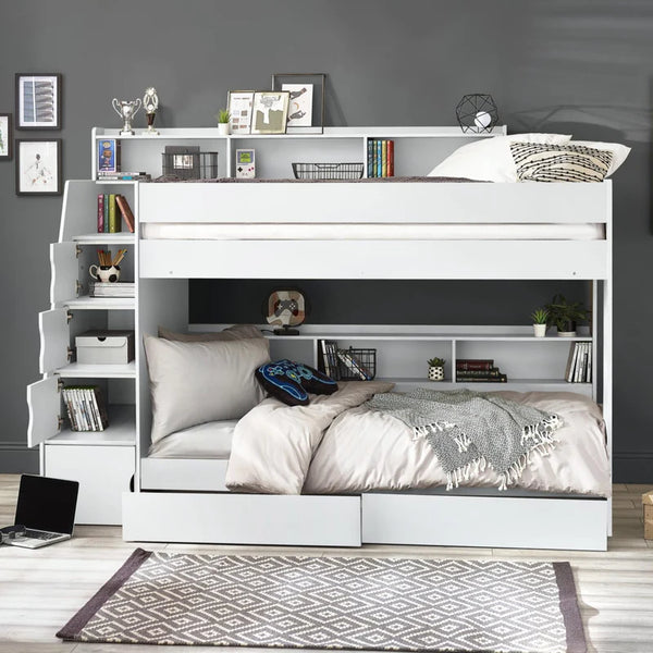 White bunk bed with storage shelves in a room setting.