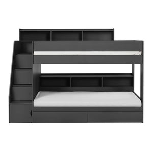 Black bunk bed with storage shelves on a white background