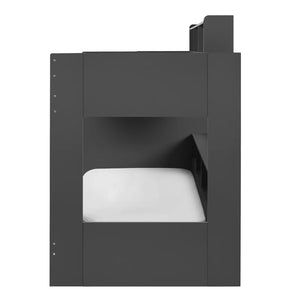 Black bunk bed with a white mattress on a white background