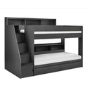 Black bunk bed with storage drawers on a white background