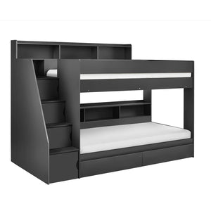 Black bunk bed with storage drawers on a white background