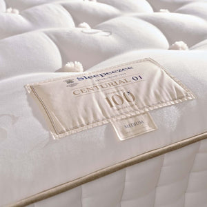 Close-up of a mattress with a label on a white background