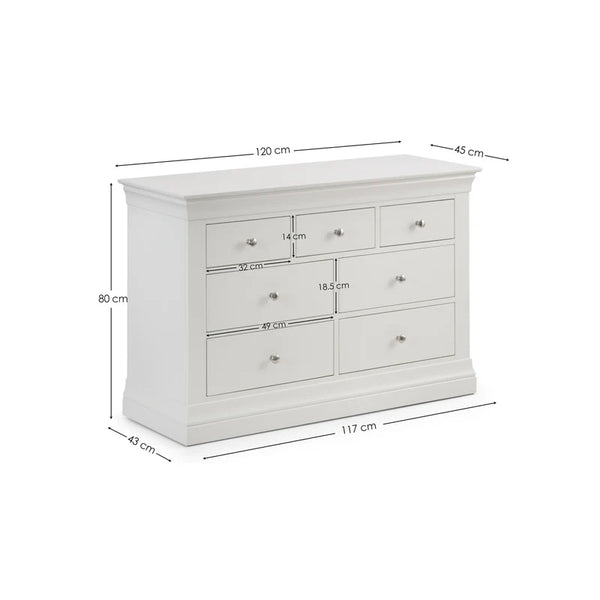 white 4+3 chest of drawers labelled with dimensions