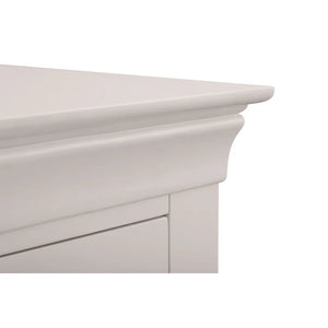 Close-up of a grey wooden cabinet with a smooth finish on a white background