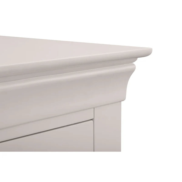 Close-up of a grey wooden cabinet with a smooth finish on a white background