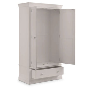 Gray wardrobe with open doors on a white background