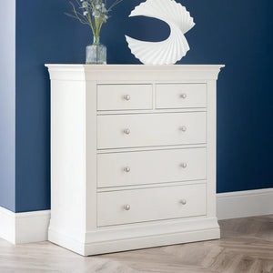 White dresser with four drawers against a blue wall
