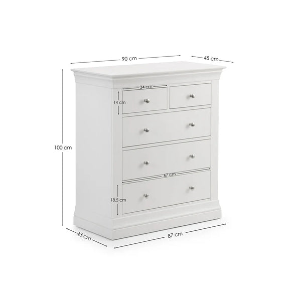 White dresser with dimensions labeled on a white background