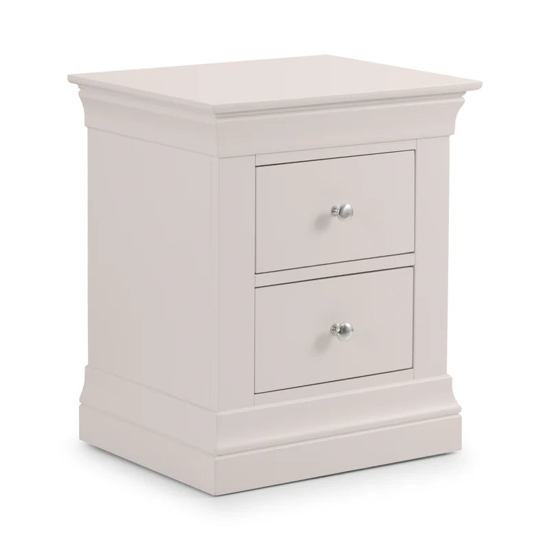 Light gray nightstand with two drawers on a white background