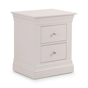 Light gray nightstand with two drawers on a white background